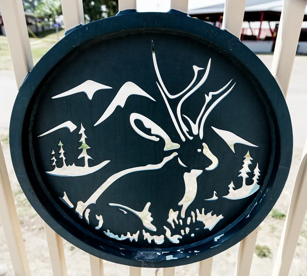 Metal jackalope silhouette on the Yellowstone Highway bridge in Douglas, Wyoming