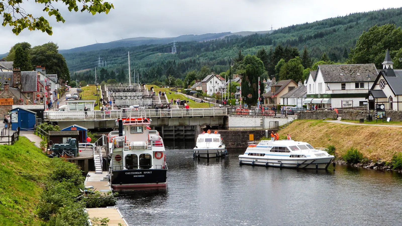 Boats and locks on the Caledonian Canal at Fort Augustus