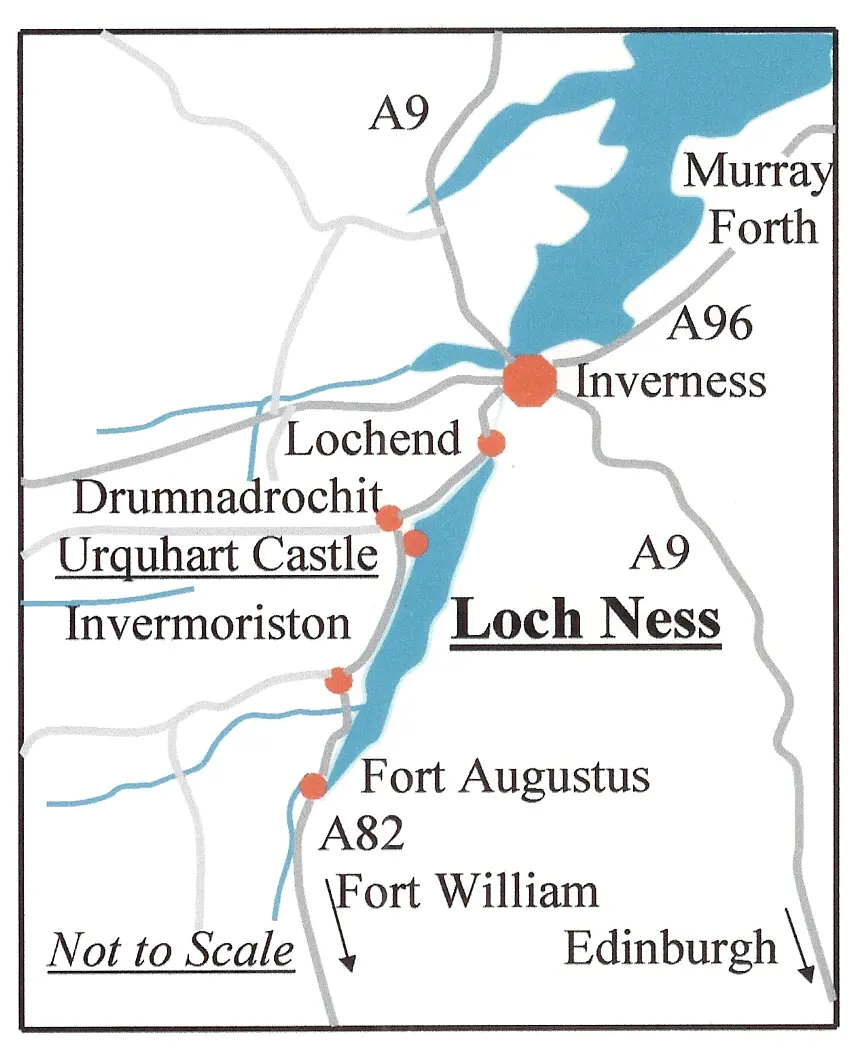 Public-domain locator map of Loch Ness from Fort Augustus to Inverness