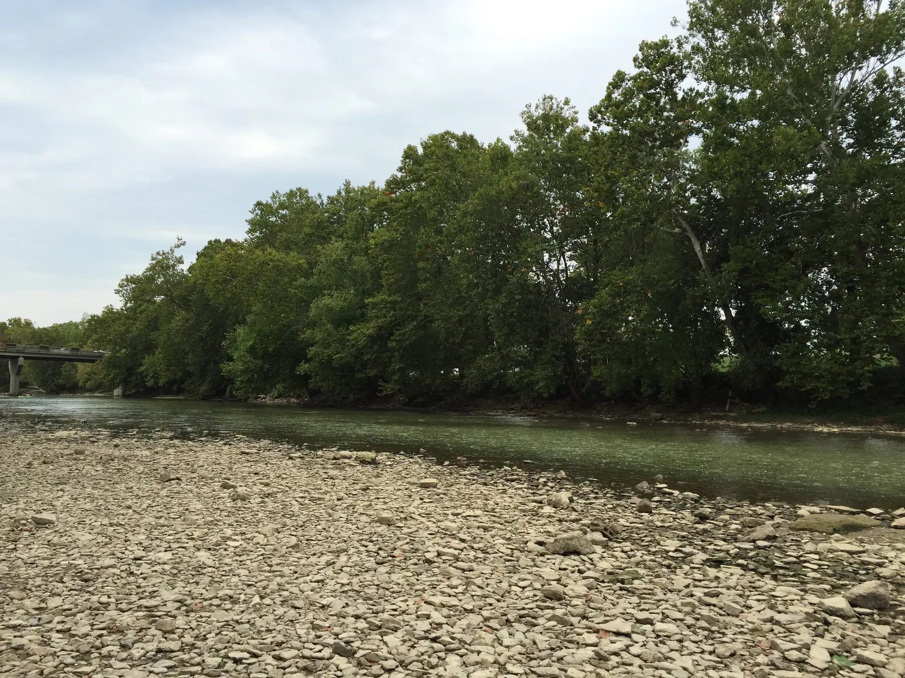 A shallow stretch of the Little Miami River at Nisbet Park in Loveland, bordered by trees and a rocky bank