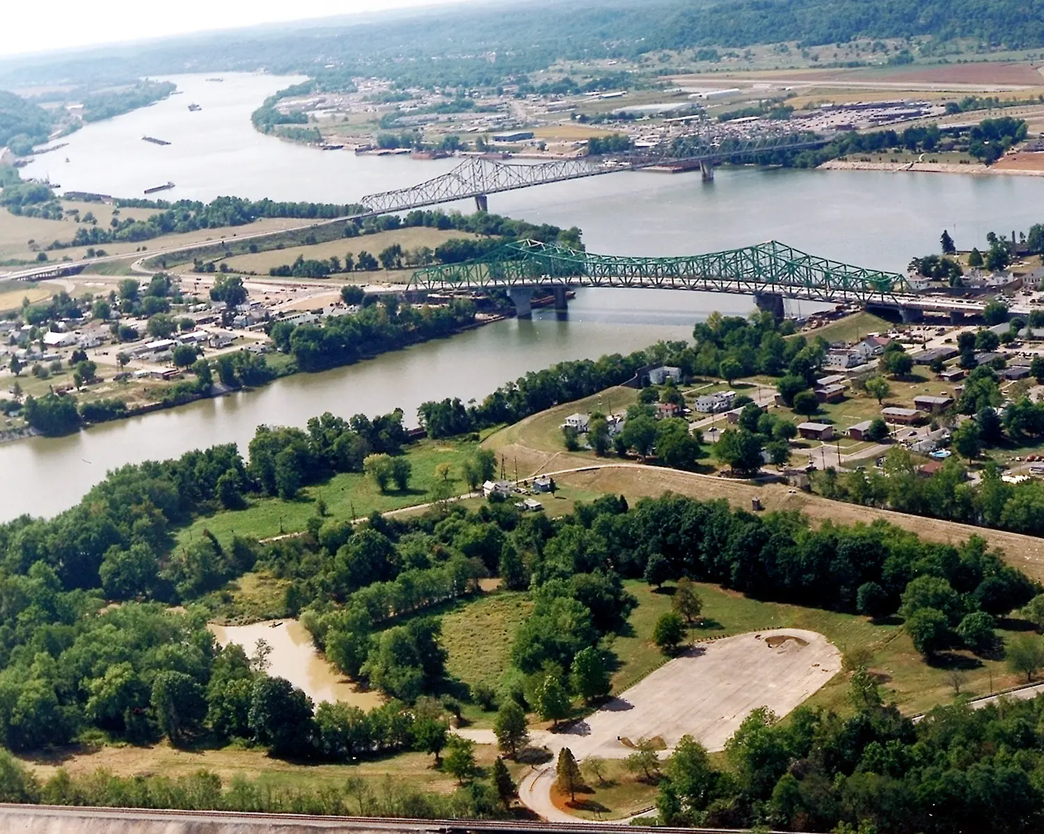 Aerial view of Point Pleasant at the meeting of the Ohio and Kanawha rivers