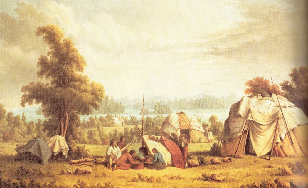 Paul Kane's colonial-era painting of an Ojibwa village at Sault Ste. Marie in 1846